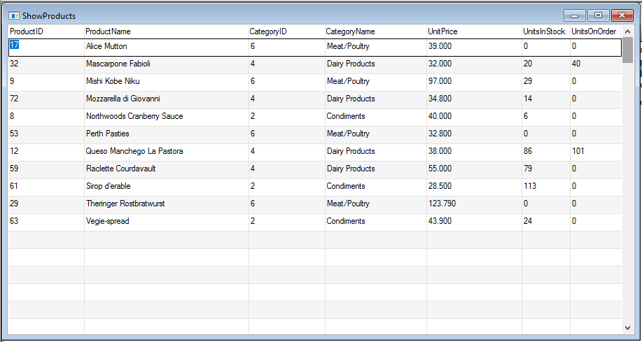 Show Products Form view