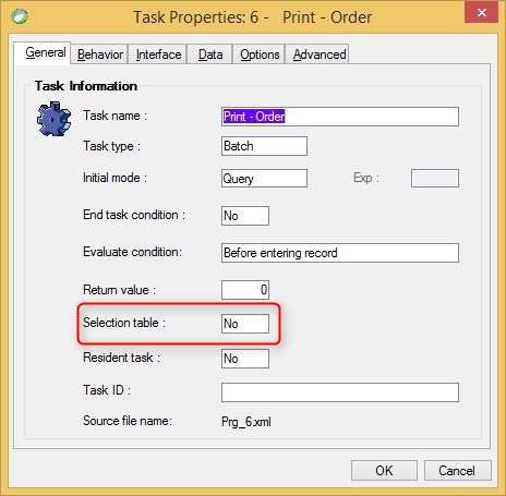 Task properties selection-table